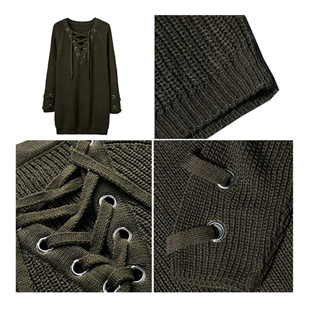 MARIAH LACE UP Long Sleeve Knit Sweater V NECK TOP - Picture 3 of 3
